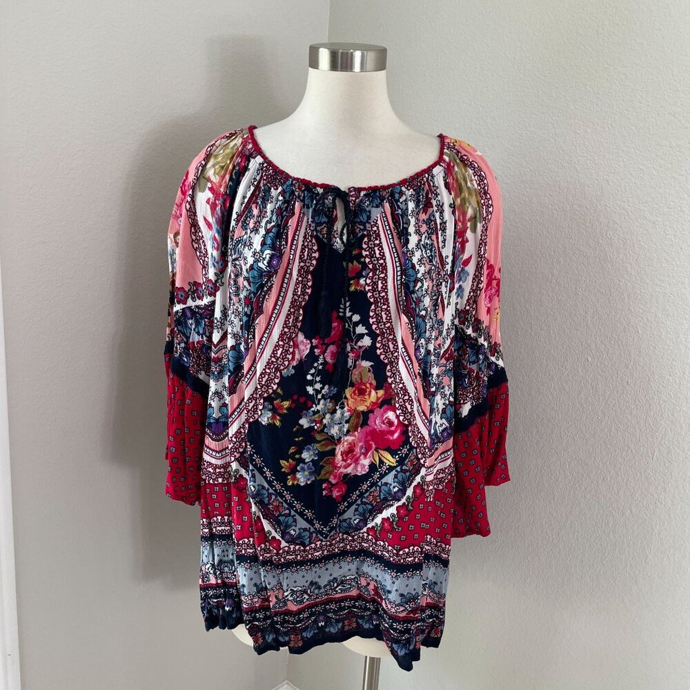 Bila Womens Plus XXL Multicolor Boho Tunic Top Floral Tassel Tie Shirt